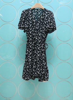 BOCASSIS专柜正品2026夏季新款V领短袖碎花雪纺连衣裙女3905276