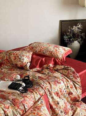 美式复古风花卉100S长绒棉纯棉四件套数码印花全棉被套床上用品