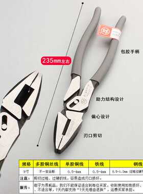 福冈工具9寸钢丝钳老虎钳FO-2013平口钳子电工克丝钳断线剪手钳子