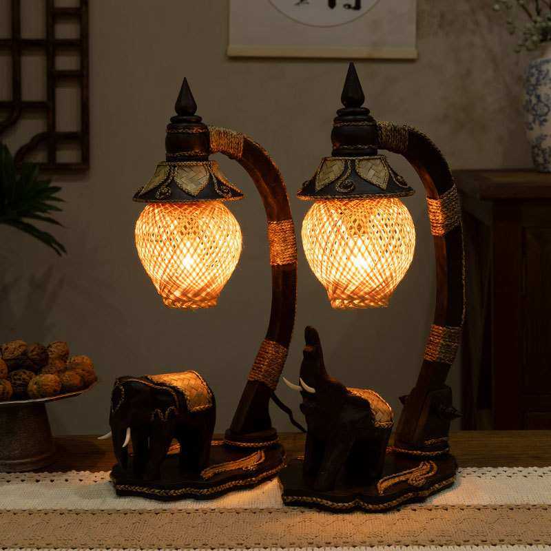 泰国实木台灯 东南亚美式乡村 创意个性复古温馨卧室床头灯饰