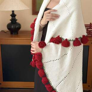 手工玫瑰花雪尼尔毯子成品花束盖毯针织披肩毛毯午休结婚婚庆红色