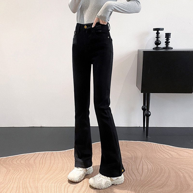 丽洁四面弹牛仔裤女春秋季喇叭长裤新款垂感微喇裤子黑色马蹄裤