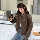 春季薄款工装风秋季短款标准皮衣复古春秋宽松ins小个子时尚休闲，女装皮衣，莘蕾