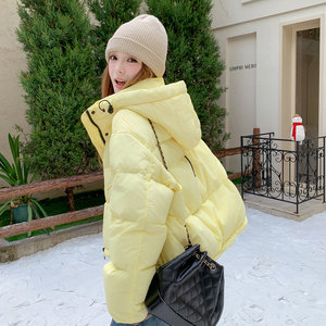 韩系黄色泡芙连帽短款羽绒服外套女秋冬2025新款设计白鸭绒面包服图片