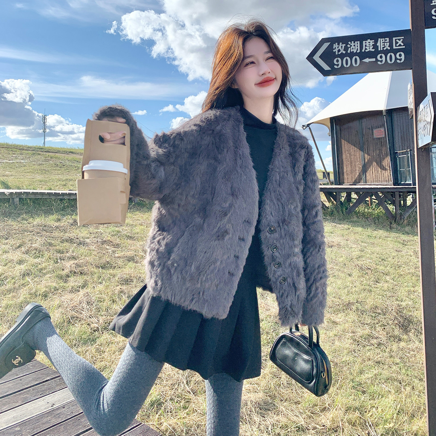 现货主推2025冬季新款灰色气质环保皮草毛毛外套女1512-P180K278,女装皮草,莘蕾