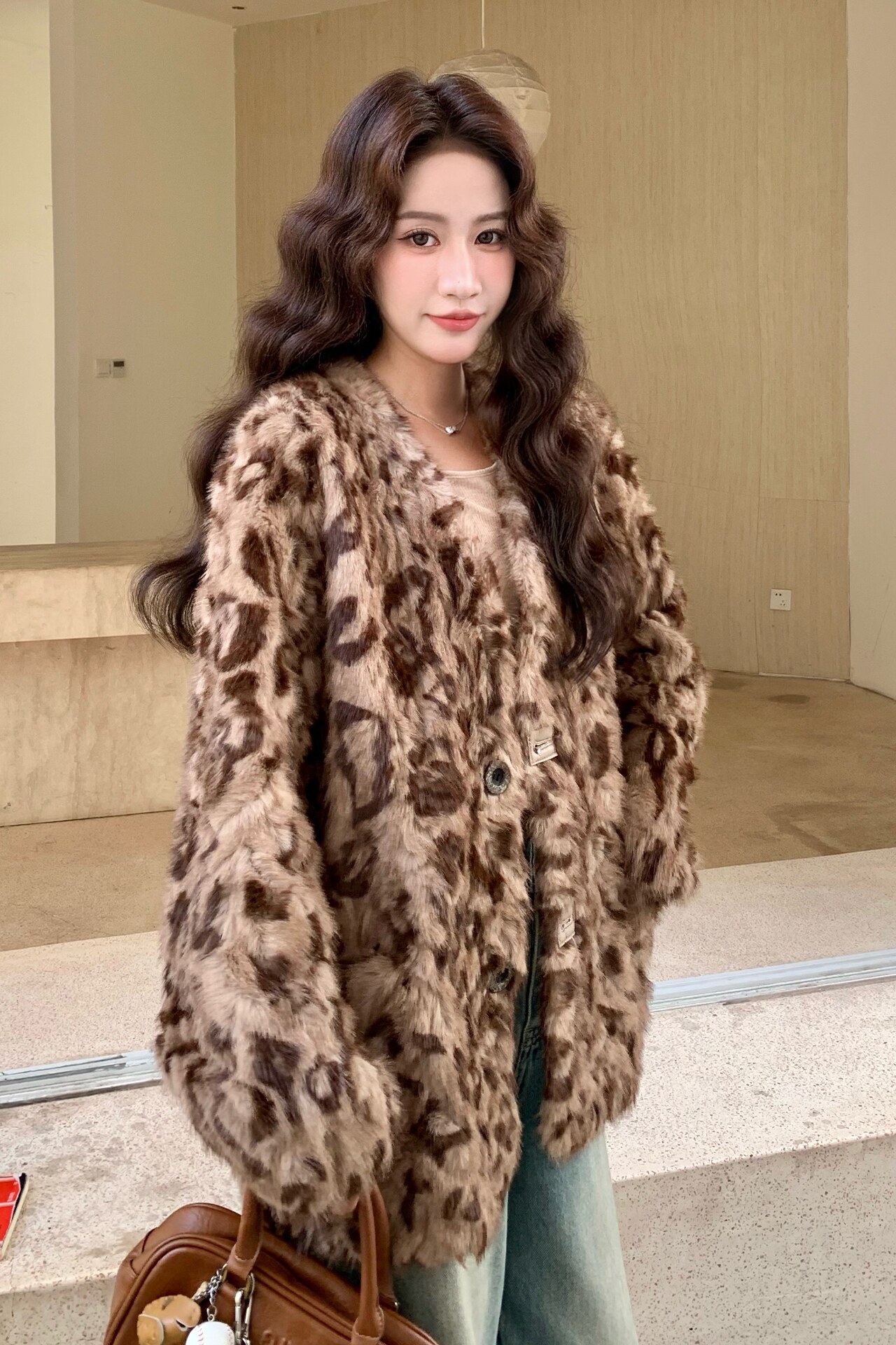 主推现货2025冬季新款豹纹环保皮草外套女中长款1528-P215K329,女装皮草,莘蕾