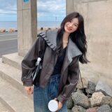 美拉德撞色复古针织披肩皮衣外套女春秋2025新款小个子PU夹克超火，女装皮衣，莘蕾
