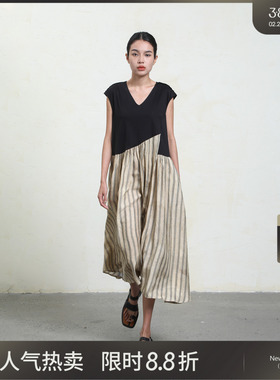 LADYS DIARY原创设计女装夏新款短袖莫代尔桑蚕丝撞色条纹连衣裙