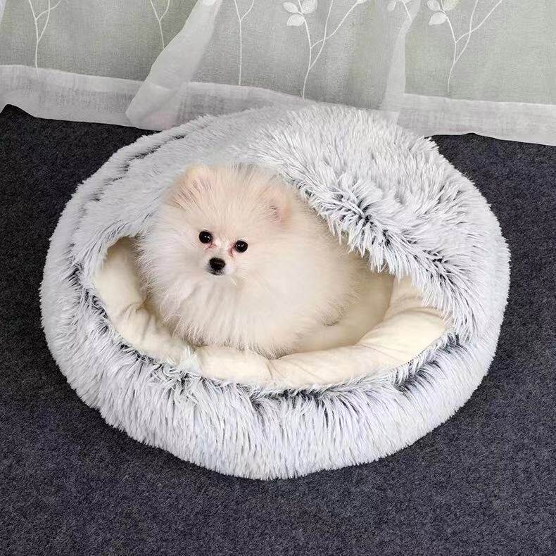 厂家批发长毛绒两用半封闭式中小型狗窝猫窝宠物窝垫深度睡眠圆形
