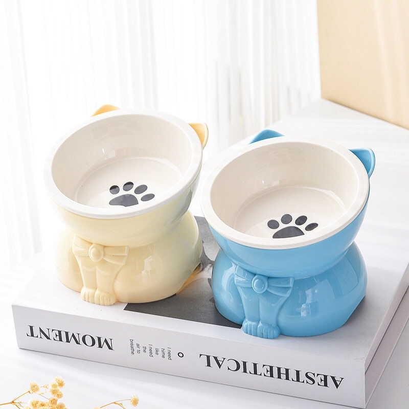 猫碗可爱陶瓷黑色喝水猫咪吃饭碗猫食盆保护颈椎猫粮碗高脚宠物碗