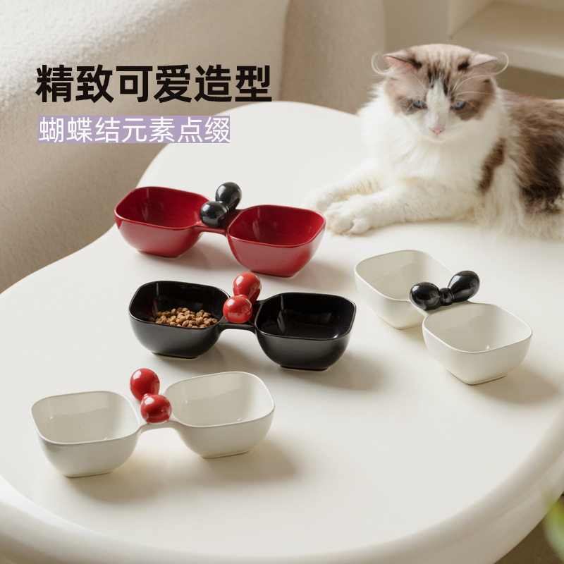 陶瓷小狗碗猫碗猫咪碗猫食盆宠物用品碗饮水碗零食罐头碗双碗一体