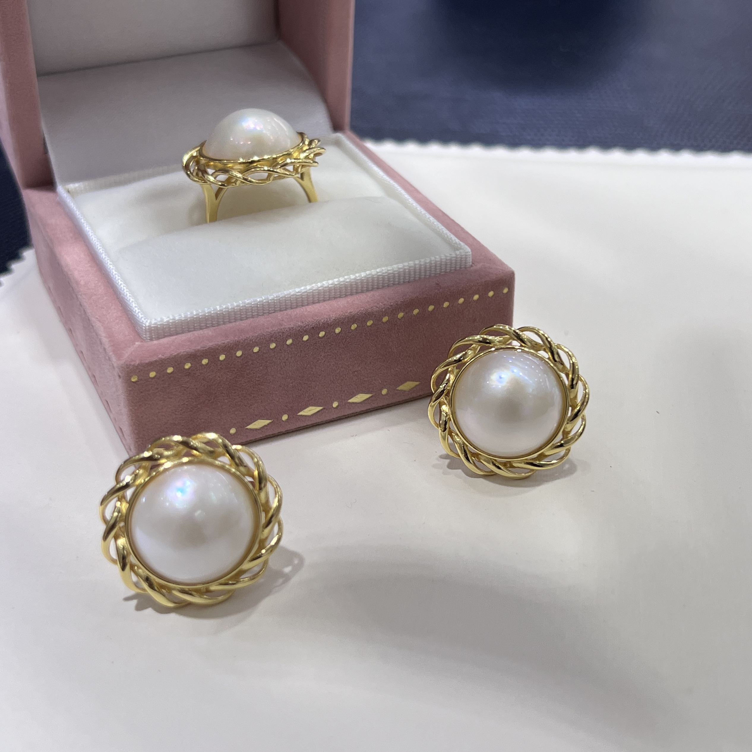 蕾丝梦境经典法式轻奢港风海水马贝珍珠S925银15-16mm开口戒指女