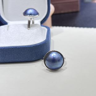 极简港风海水马贝珍珠蓝色15-16mm开口戒指S925银厚重百搭气质