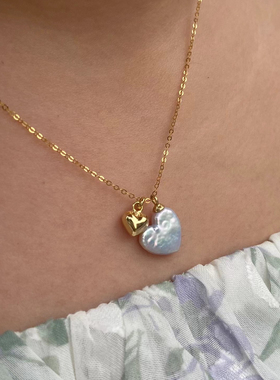 情人节礼物淡水炫彩巴洛克珍珠S925银双爱心项链10-12mm简约大气