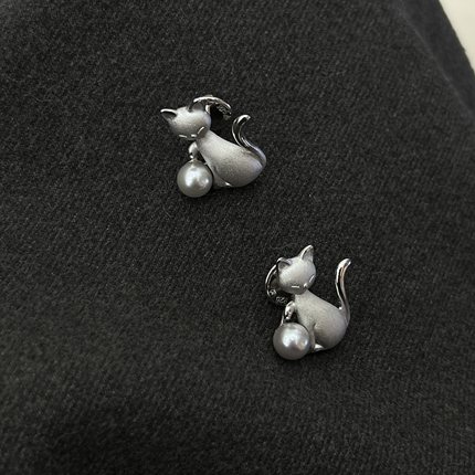 可爱猫咪海水akoya真多麻灰925银7-8mm微纹经典高级百搭胸花袖口