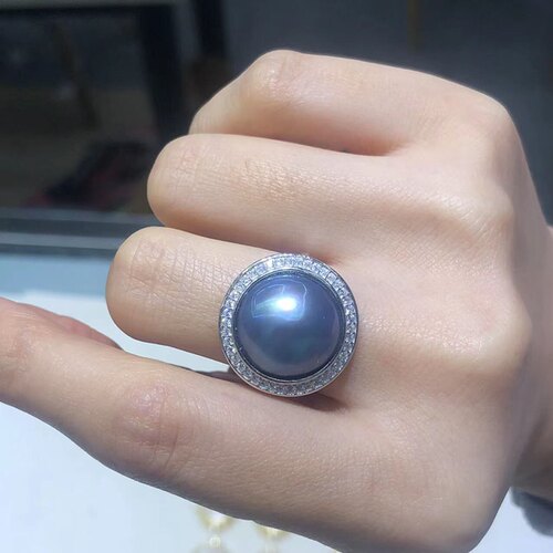 《星辰》日本蓝银灰海水马贝珍珠纯银S925戒指，内镶嵌，可调戒圈