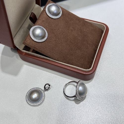 永夜星河 银灰色冷淡高级海水马贝珍珠套装纯银S925开合扣15-16mm