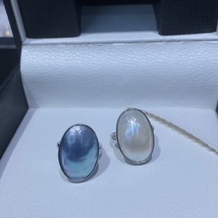 至简素银海水椭圆马贝S925银戒指蓝白开口厚银简约基础款百搭素雅