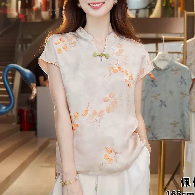 新中式国风上衣女装立领印花小衫短袖2026夏季新款盘扣妈妈装衬衫