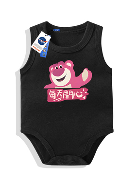 NASA草莓熊婴儿衣服夏天薄款宝宝小背心0-3月黑色连体衣超萌包屁6