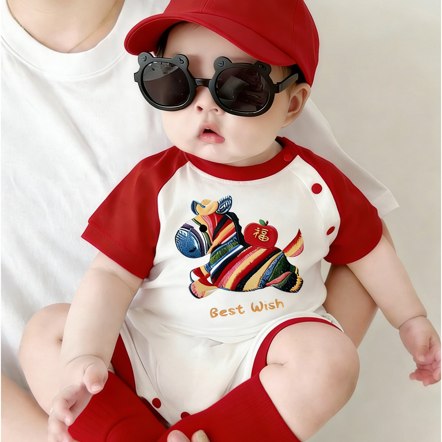 夏季装新生婴儿服纯棉马宝宝短袖连体衣侧开爬服满月百天周岁喜庆