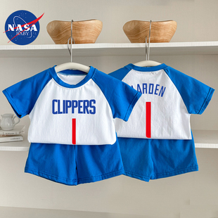 夏季婴儿童短袖短裤哈登快船运动球衣伦纳德分体套装宝宝T恤纯棉