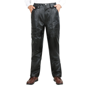 直筒高腰深裆中老年宽松皮裤 真皮皮裤 秋冬季 牛皮防风机车裤 子 男士