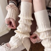 纽扣开叉白色针织堆堆袜套女秋冬保暖长筒袜竖条高筒袜套小腿袜