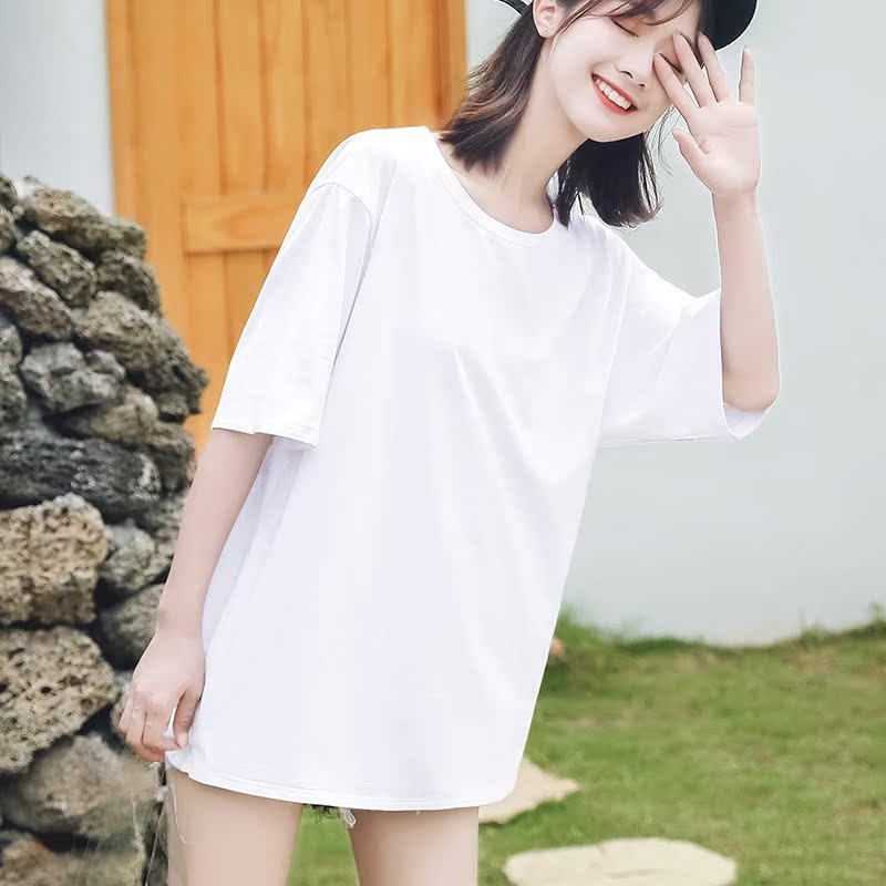 纯白色T恤女短袖宽松纯棉2019新款韩版大码黑色中长款上衣体恤夏(非品牌)