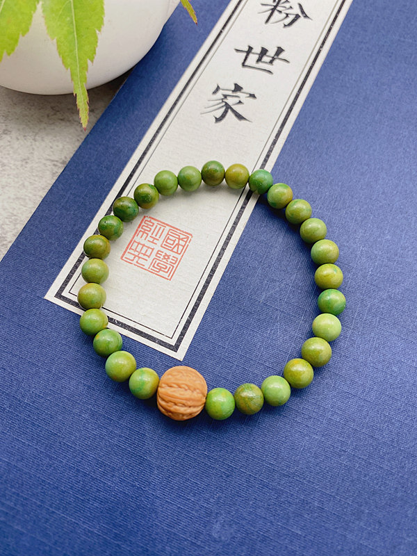 6mm原创设计天然原矿菜籽黄绿松石单圈手串高瓷情侣盘玩男女手链
