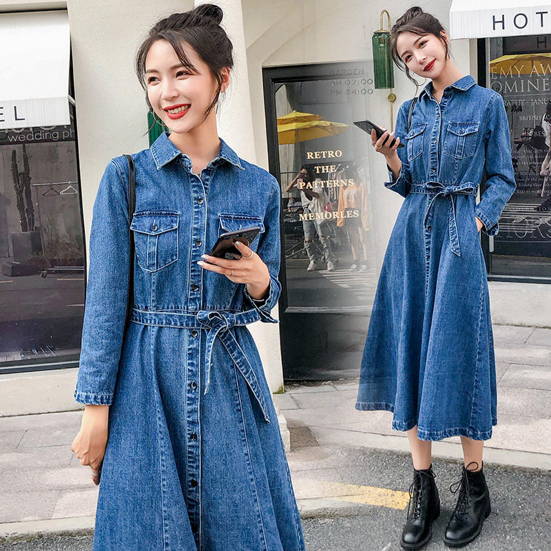 牛仔连衣裙长袖秋季显瘦修身百搭中长款过膝大摆系腰带收腰连衣裙在类目 女装/女士精品, 连衣裙中 - 来自Buy2taobao.com提供专业的淘宝代购服务