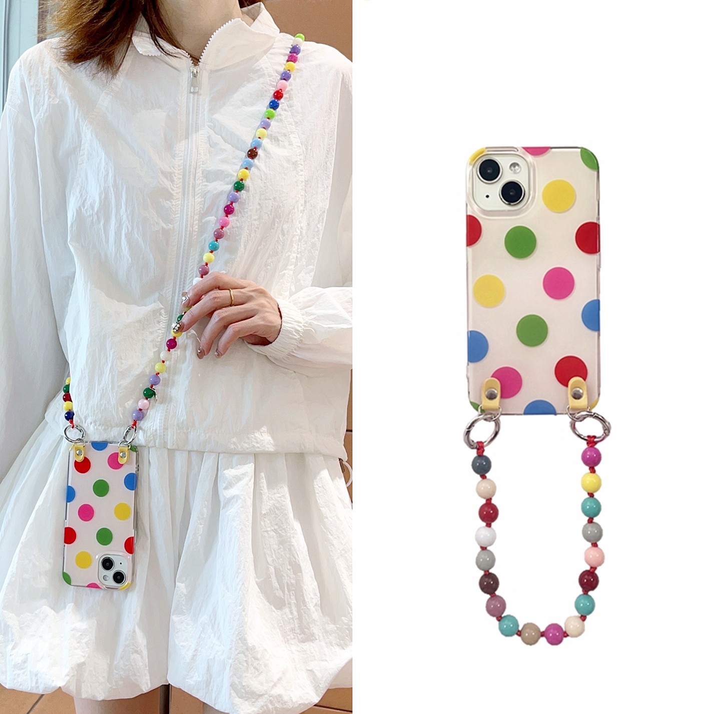 夏日ins彩色艺术波点串珠链条适用iphone16promax苹果16手机壳13新款15promax手拎链14Pro斜挎可背带挂绳手提,3C数码配件,手机保护套/壳,淘宝优惠券,粉丝福利购,淘宝优惠卷
