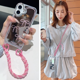 ins少女粉色蝴蝶结化妆镜面适用iphone17promax手机壳苹果16pro斜挎13背带12挂绳可背14PM补妆镜15promax手提