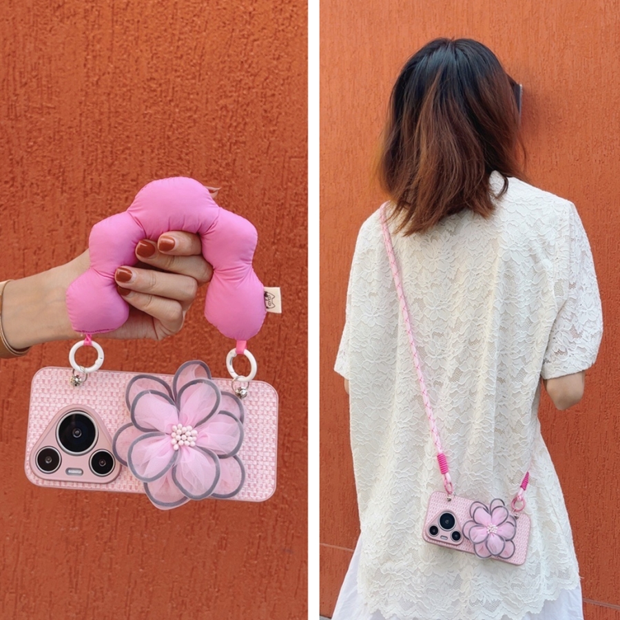 粉色纱花朵腕带手机壳