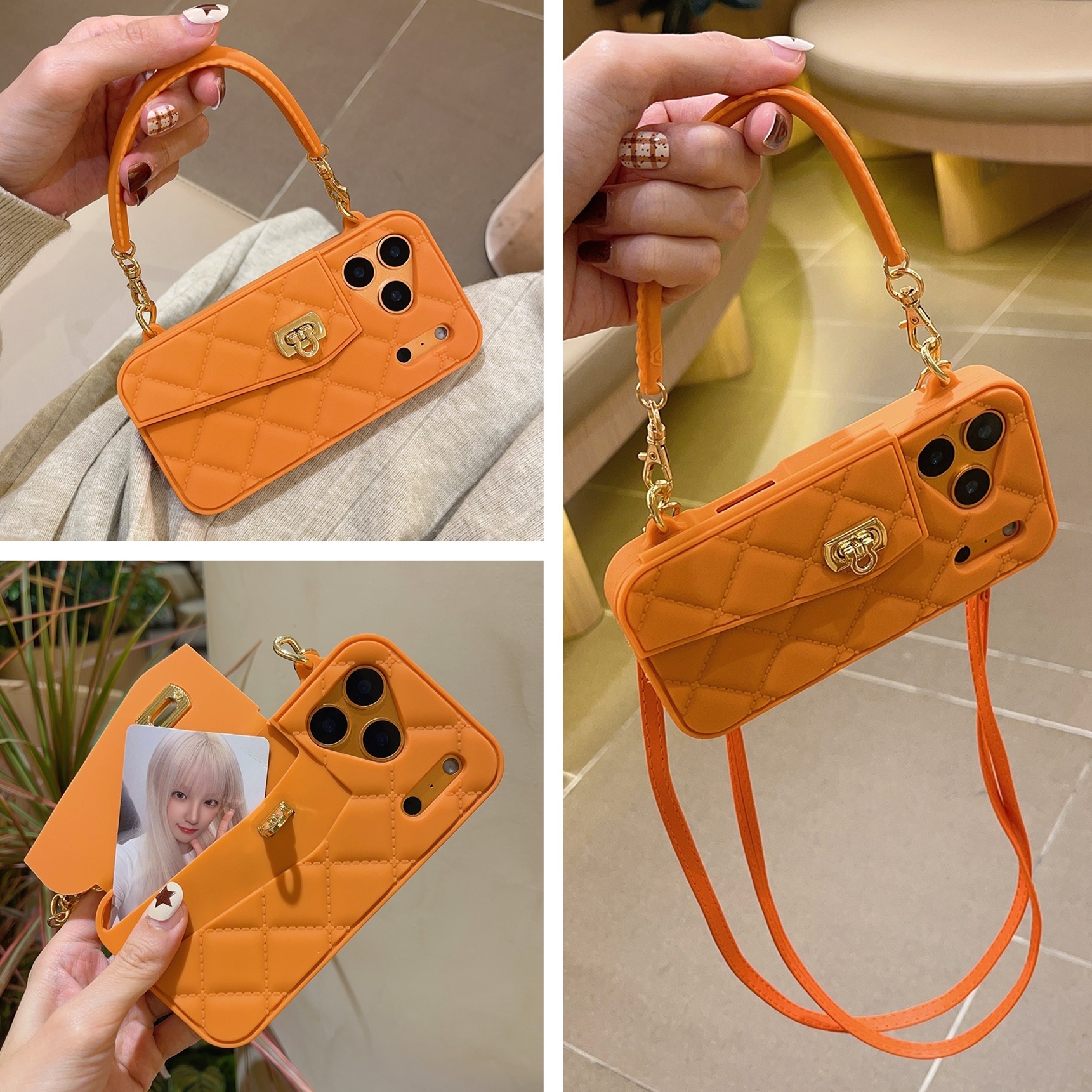 秋冬小香风橙色菱格纹手提包包适用苹果17promax手机壳硅胶iphone17pro高级感17手拎17ProMax斜挎可背带挂绳