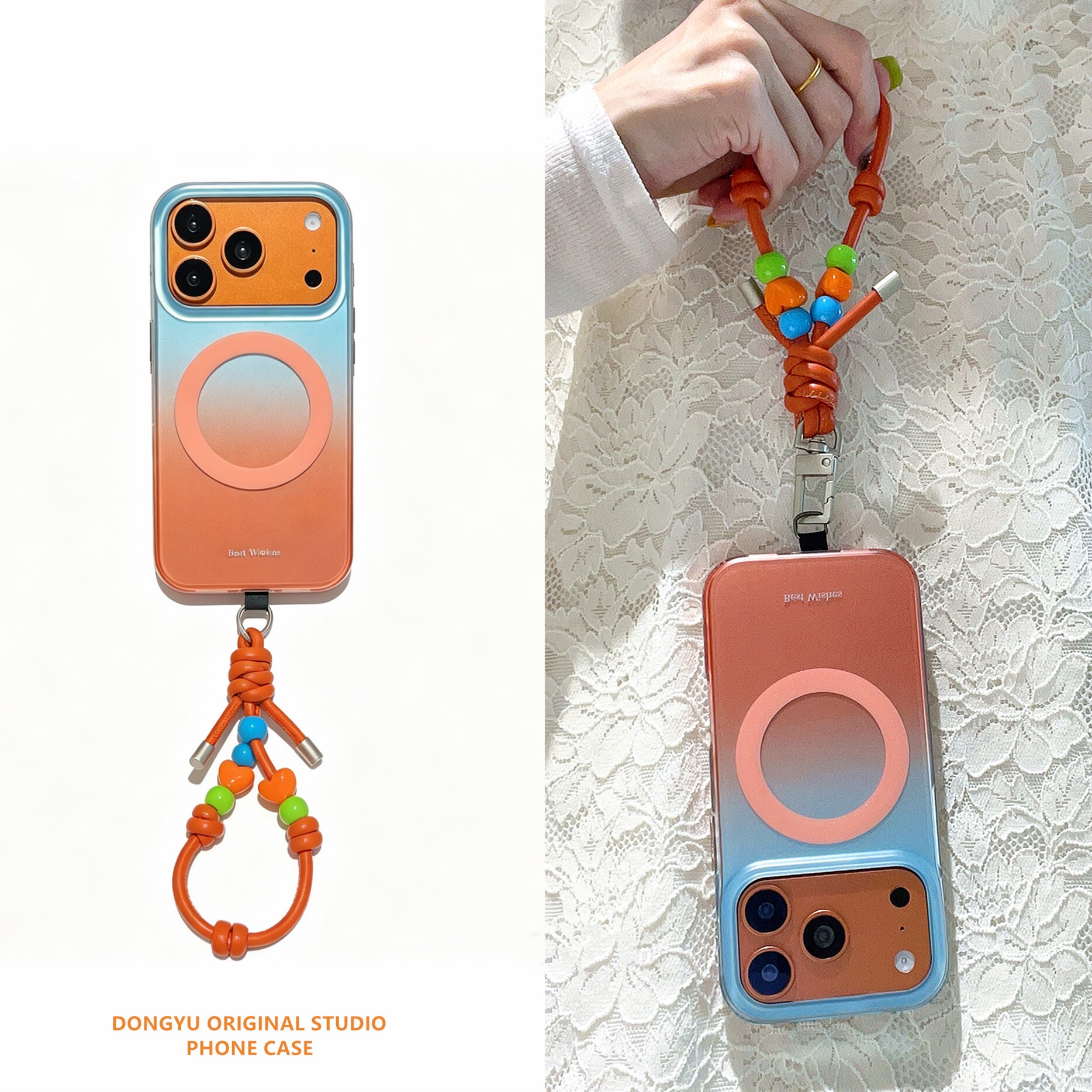 夏日渐变橘子海适用苹果17promax手机壳iPhone16pro新款17PM磁吸壳14pro橙色皮质挂绳13手提15promax便携手绳