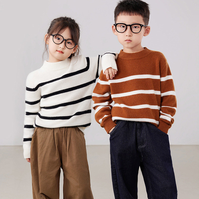 男童毛衣2024冬季新款加厚半高领宝宝条纹打底衫女童针织衫