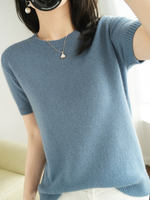 Spring and Autumn round-neck short-sleeved women's cashmere sweater, loose short base layer, half-sleeved knitted sweater, thin mid-sleeved cashmere sweater thumbnail 7