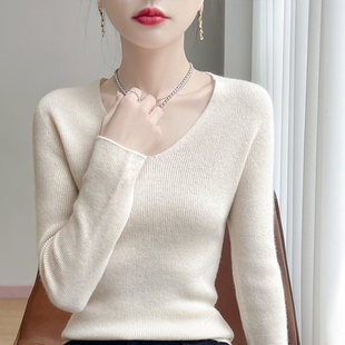 2026春秋季新款一线成衣V领针织衫女修身显瘦内搭打底衫低领毛衣
