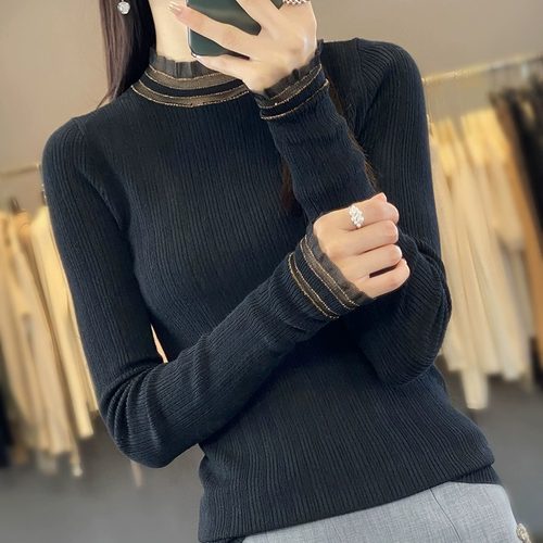 超好看的半高领蕾丝边长袖