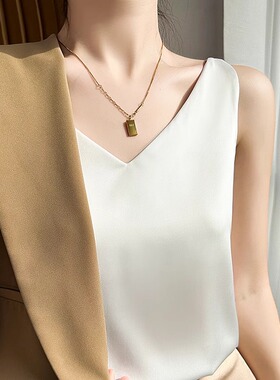 真丝吊带背心女西装内搭夏季白色打底衫缎面仿桑蚕丝醋酸上衣V领