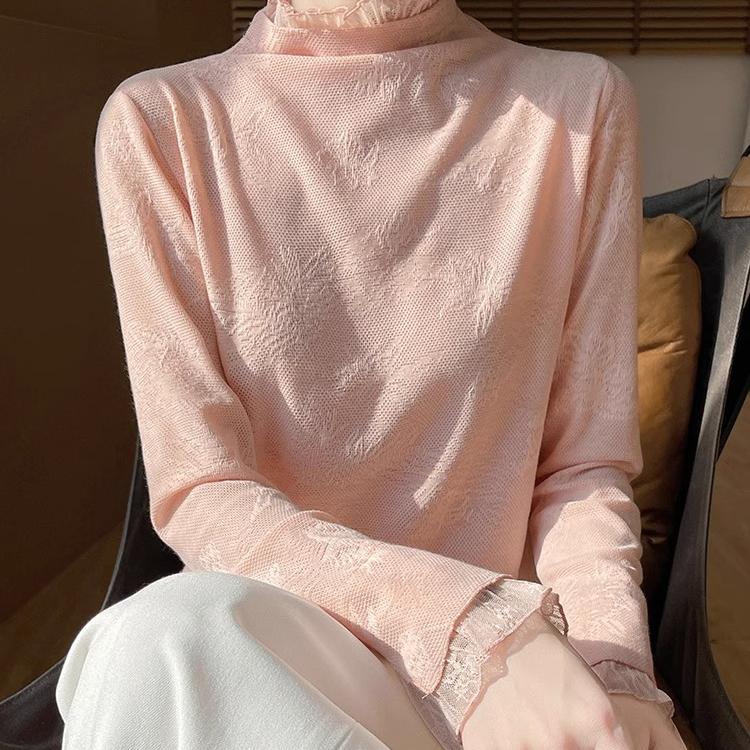 春季针织精致提花蕾丝半高领