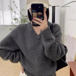 针织衫 重磅新款 女宽松休闲长袖 100羊毛衫 厚毛衣上衣 V领马鞍肩袖