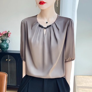 圆领盘扣短袖 气质缎面小衫 衬衫 新款 高端洋气上衣 女夏装 高级感时尚