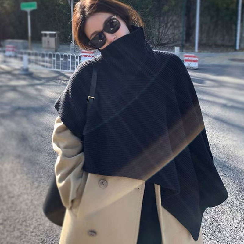 冬季新款套头保暖披肩针织女开叉斗篷不规则披风高领网红外搭围巾
