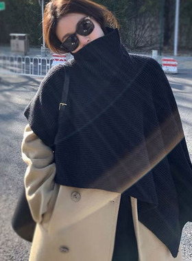 冬季新款套头保暖披肩针织女开叉斗篷不规则披风高领网红外搭围巾