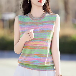 彩虹条纹针织吊带背心女花边圆领气质显瘦内搭无袖 25春夏薄款 上衣