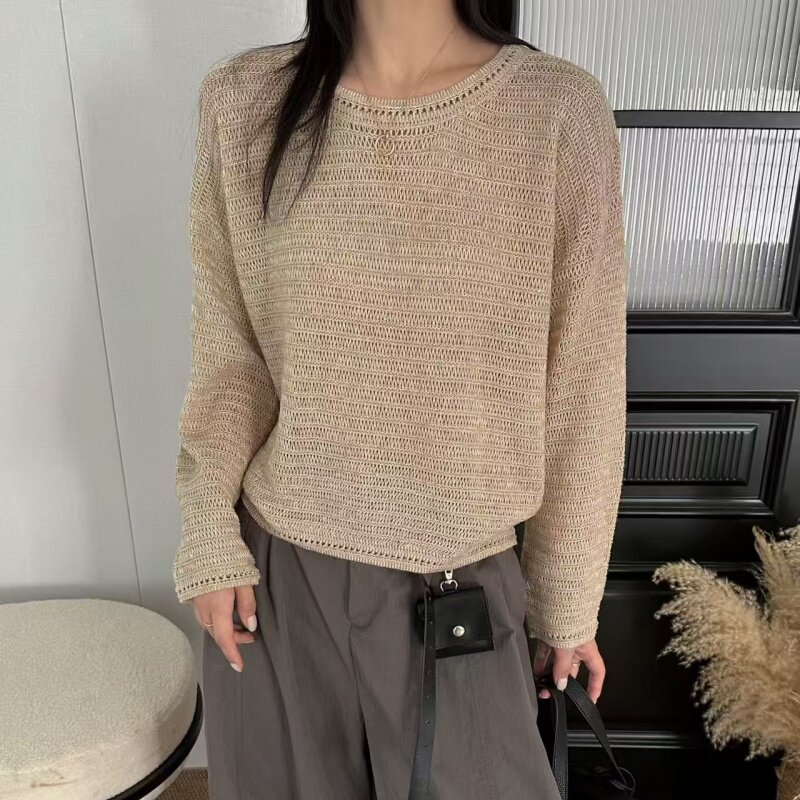通勤风镂空网眼羊毛针织衫女秋季圆领长袖套头显瘦上衣针织罩衫