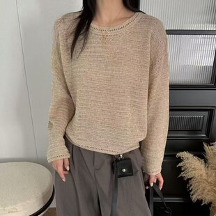 通勤风镂空网眼羊毛针织衫女秋季圆领长袖套头显瘦上衣针织罩衫