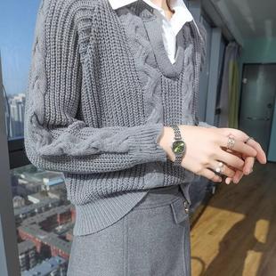 深秋初冬季穿搭假两件衬衫毛衣小个子纯色宽松显瘦外穿针织衫上衣